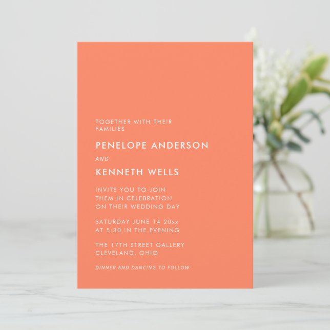 Minimalist Modern Electric Tangerine Wedding Invitation (Standing Front)
