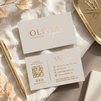 Minimalist Modern Elegant Beige Luxury Gold Foil Spot Gloss Business Cards