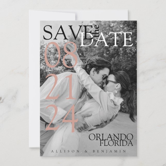 Minimalist, modern, elegant black and white photo save the date (Front)