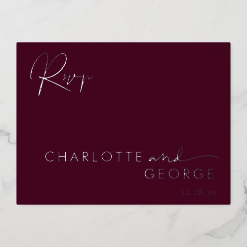 Minimalist Modern Elegant Burgundy Silver RSVP Foil Invitation Postcard