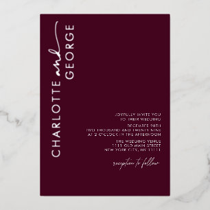 Minimalist Modern Elegant Burgundy Silver Wedding Foil Invitation