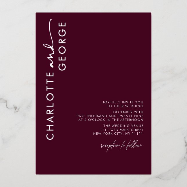 Minimalist Modern Elegant Burgundy Silver Wedding Foil Invitation (Front)