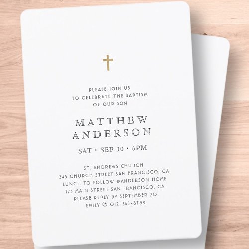 Minimalist Modern Elegant Cross Baby Boy Baptism Invitation