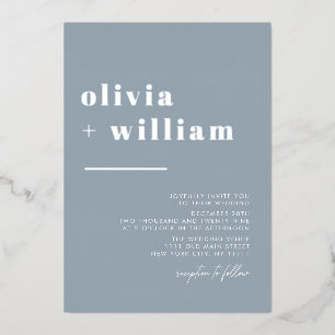 Minimalist Modern Elegant Dust Blue Silver Wedding Foil Invitation