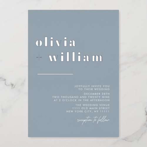 Minimalist Modern Elegant Dust Blue Silver Wedding Foil Invitation