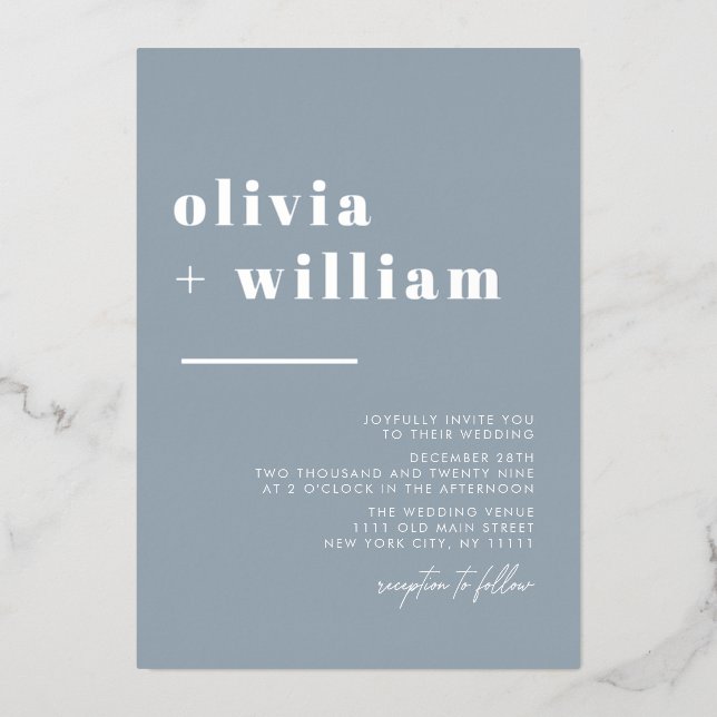 Minimalist Modern Elegant Dust Blue Silver Wedding Foil Invitation (Front)