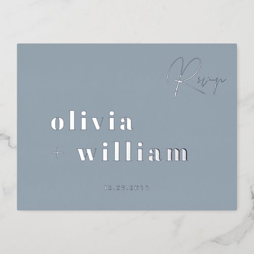 Minimalist Modern Elegant Dusty Blue Silver RSVP Foil Invitation Postcard