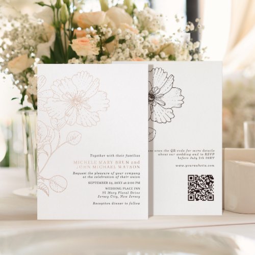 Minimalist Modern Elegant Flowers RSVP QR Back Foil Invitation