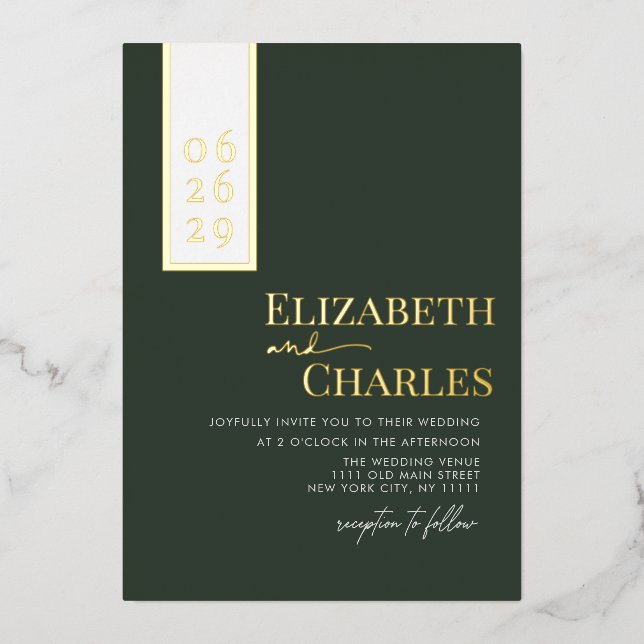 Minimalist Modern Elegant Green Gold Wedding Foil Invitation (Front)