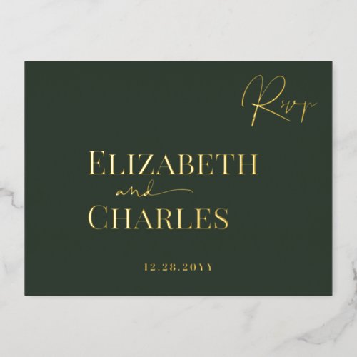 Minimalist Modern Elegant Green Gold Wedding RSVP Foil Invitation Postcard