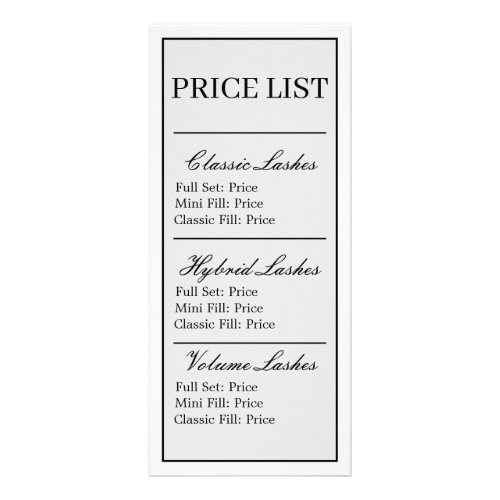Minimalist Modern Elegant Lash Artist Price List  Rack Card