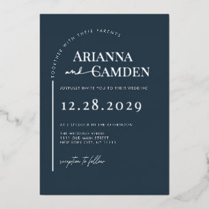 Minimalist Modern Elegant Navy Blue Silver Wedding Foil Invitation