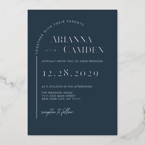Minimalist Modern Elegant Navy Blue Silver Wedding Foil Invitation