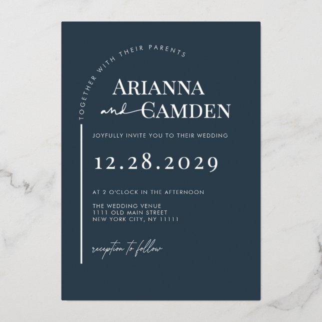 Minimalist Modern Elegant Navy Blue Silver Wedding Foil Invitation (Front)