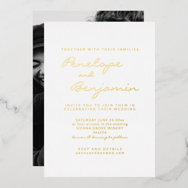Minimalist Modern Elegant Photo Wedding Gold Foil Invitation (Front/Back)