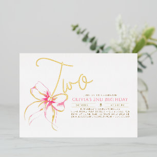 Minimalist Modern Elegant Pink Bow 2nd Birthday Foil Invitation