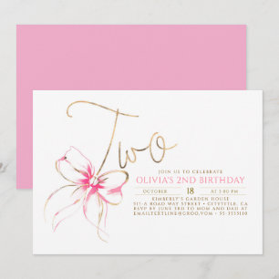 Minimalist Modern Elegant Pink Bow 2nd Birthday Invitation