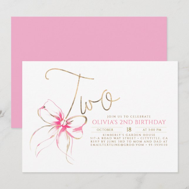 Minimalist Modern Elegant Pink Bow 2nd Birthday Invitation (Front/Back)
