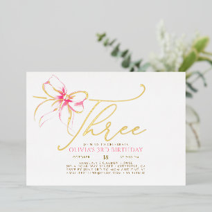 Minimalist Modern Elegant Pink Bow 3rd Birthday Foil Invitation