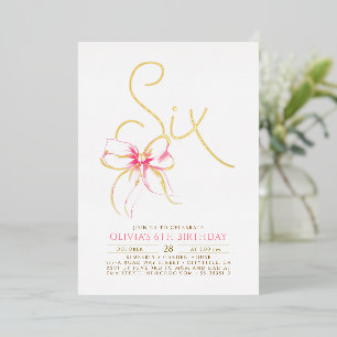Minimalist Modern Elegant Pink Bow 6th Birthday Foil Invitation