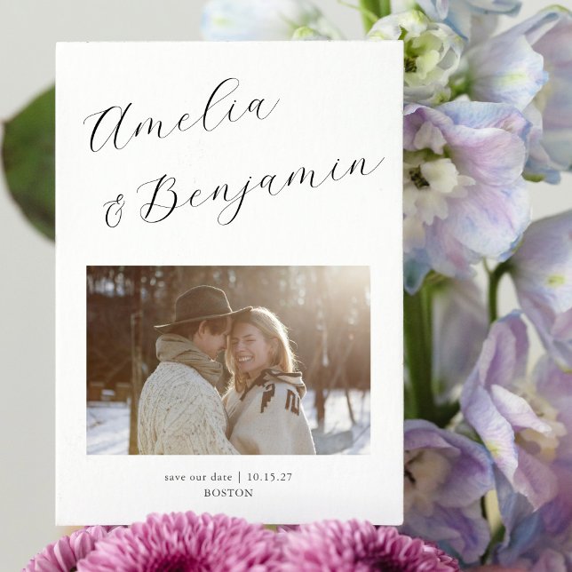Minimalist Modern Elegant Script Calligraphy Photo Save The Date (Creator Uploaded)