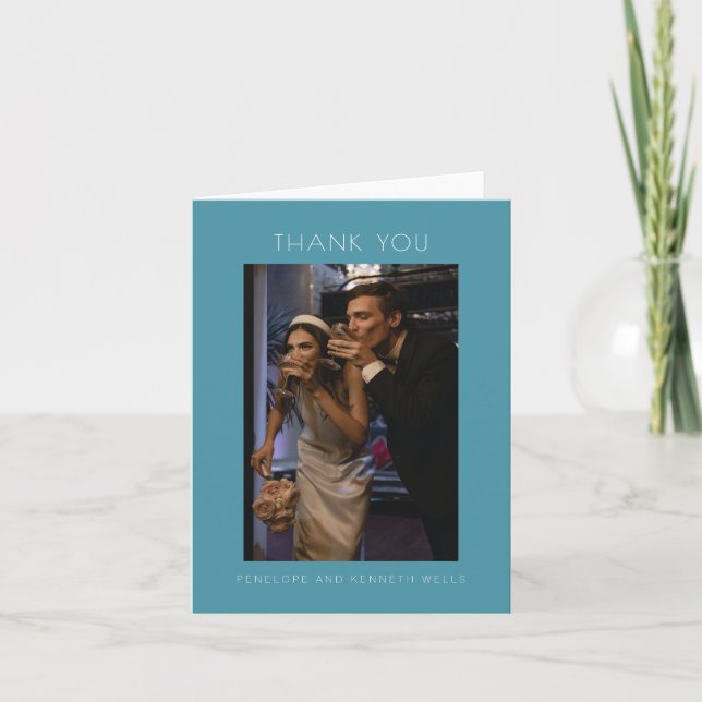 Minimalist Modern Elegant Teal Blue Wedding Custom Thank You Card (Front)