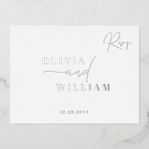 Minimalist Modern Elegant White Silver RSVP Foil Invitation Postcard