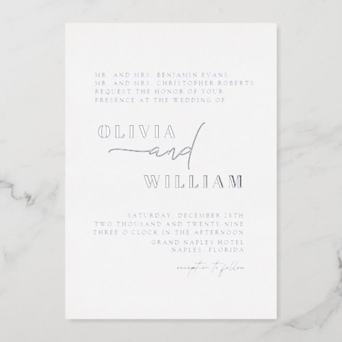Minimalist Modern Elegant White Silver Wedding Foil Invitation