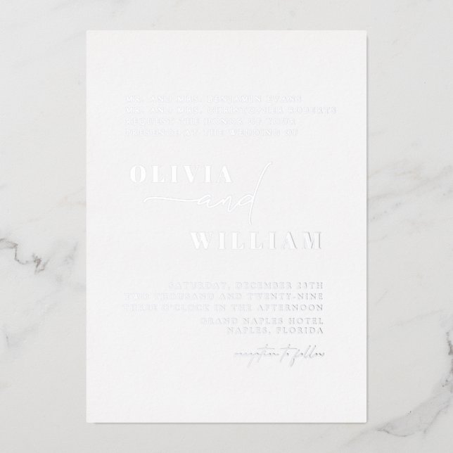 Minimalist Modern Elegant White Silver Wedding Foil Invitation (Front)