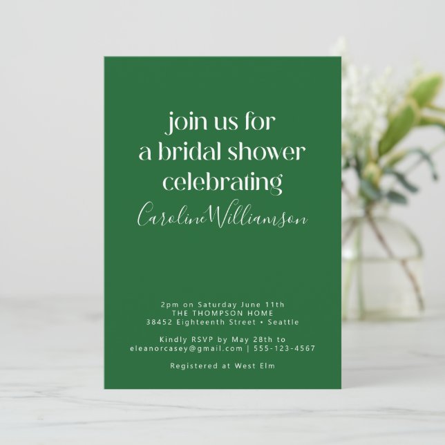 Minimalist Modern Emerald Green Bridal Shower Invitation (Standing Front)