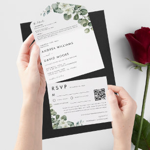 Minimalist Modern Eucalyptus RSVP QR Code Wedding All In One Invitation