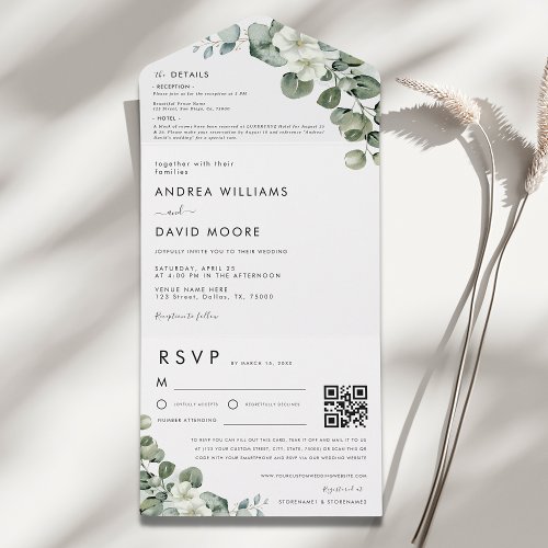 Minimalist Modern Eucalyptus RSVP QR Code Wedding All In One Invitation