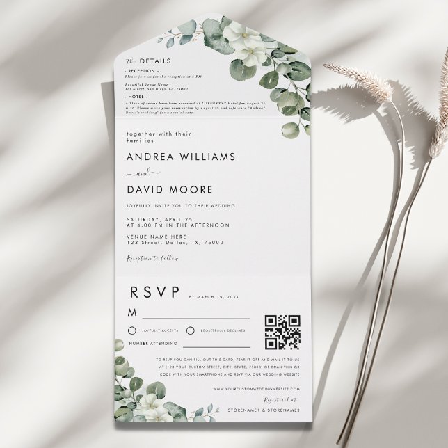 Minimalist Modern Eucalyptus RSVP QR Code Wedding All In One Invitation (Creator Uploaded)