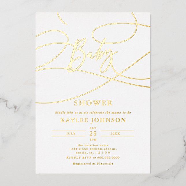 Minimalist Modern Fancy Script "Baby" Shower Foil Invitation (Front)