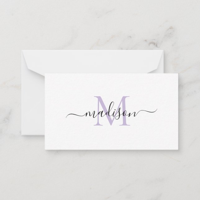 Minimalist Modern Feminine Monogram Script Purple Note Card (Back)