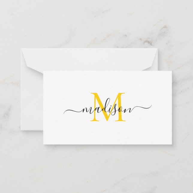 Minimalist Modern Feminine Monogram Script Yellow Note Card (Back)