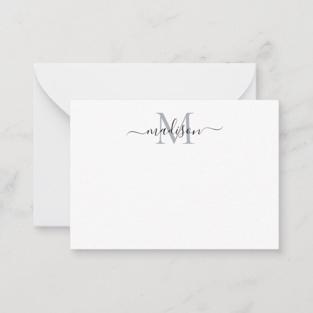 Minimalist Modern Feminine Script Monogram Gray Note Card (Front)