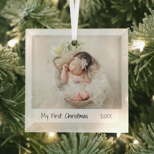 Minimalist Modern First Christmas Photo Baby Glass Ornament