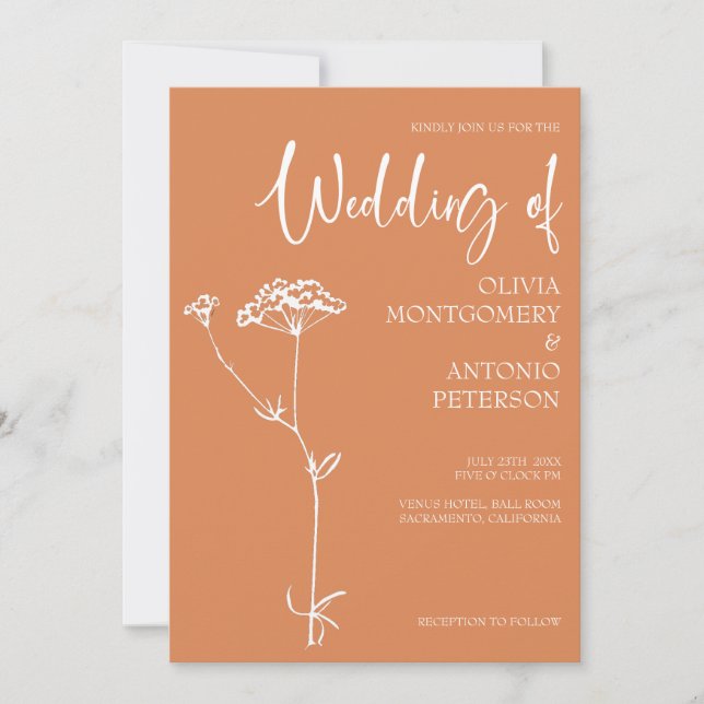 Minimalist Modern Floral Apricot Crush Wedding  Invitation (Front)