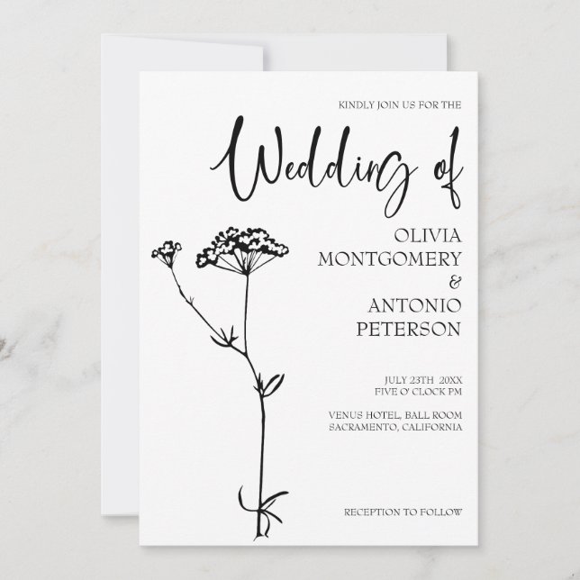 Minimalist Modern Floral Black and White Wedding Invitation (Front)