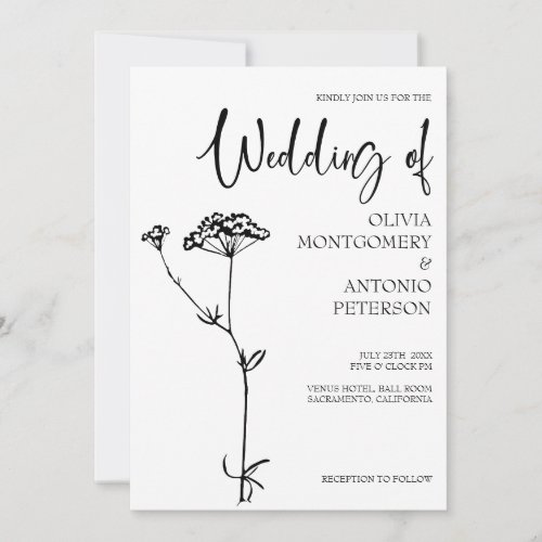 Minimalist Modern Floral Black and White Wedding Invitation