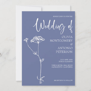 Minimalist Modern Floral Blue Wedding Invitation