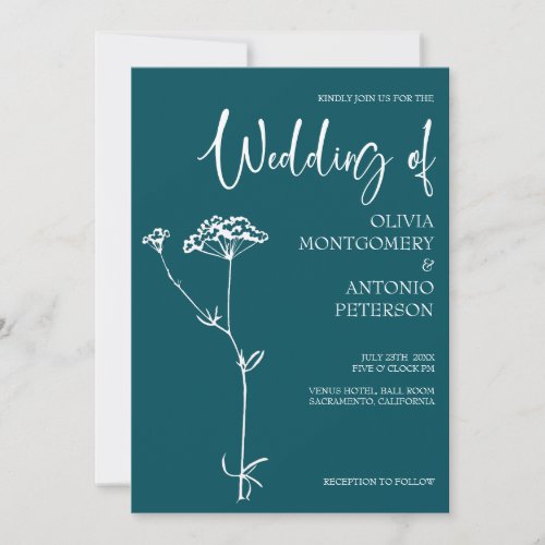 Minimalist Modern Floral Deep Teal Wedding  Invitation