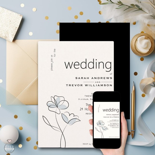 Minimalist Modern Floral Dusty Blue and Buff   Invitation (Creator Uploaded)