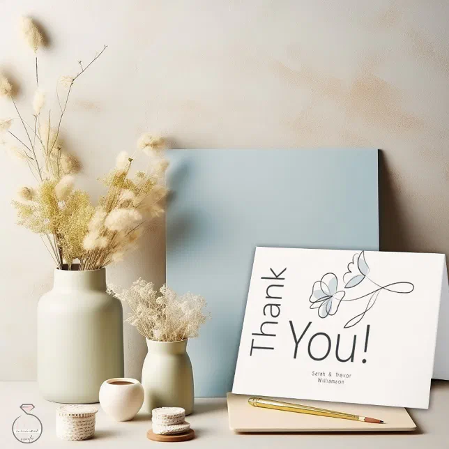 Minimalist Modern Floral Dusty Blue and Buff Thank You Card | Zazzle