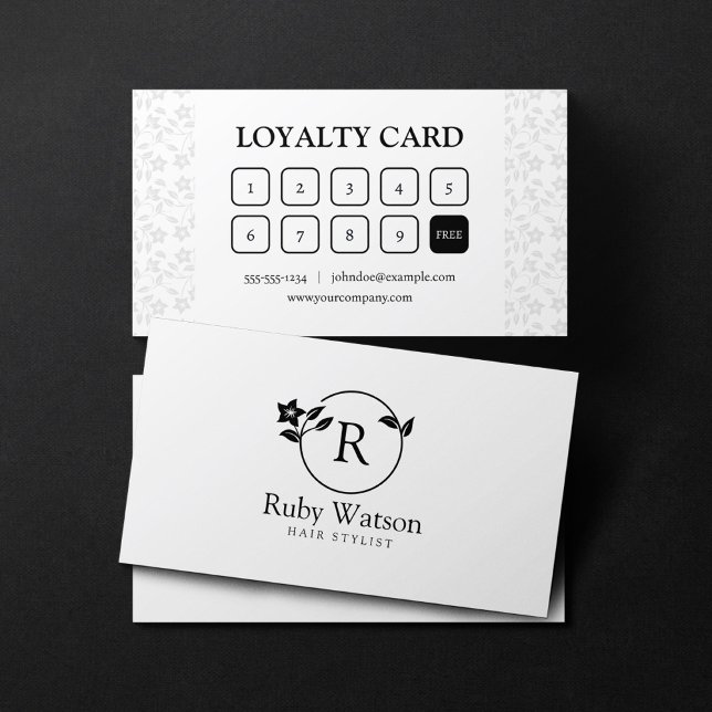 Minimalist Modern Floral Initial Hairstylist Loyalty Card (Creator Uploaded)