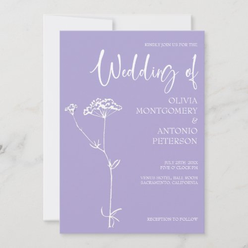 Minimalist Modern Floral Lavender Violet Wedding  Invitation