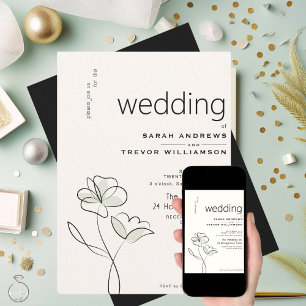Minimalist Modern Floral Muted Sage and Buff Invitation