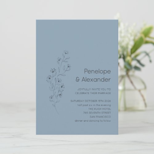 Minimalist Modern Floral Sketch Dusty Blue Wedding Invitation