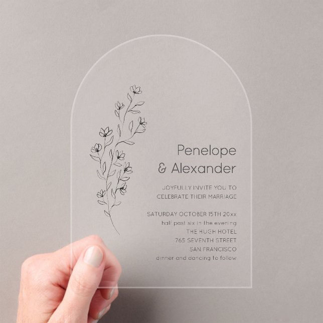 Minimalist Modern Floral Sketch Elegant Wedding Acrylic Invitations (Insitu (Handheld))